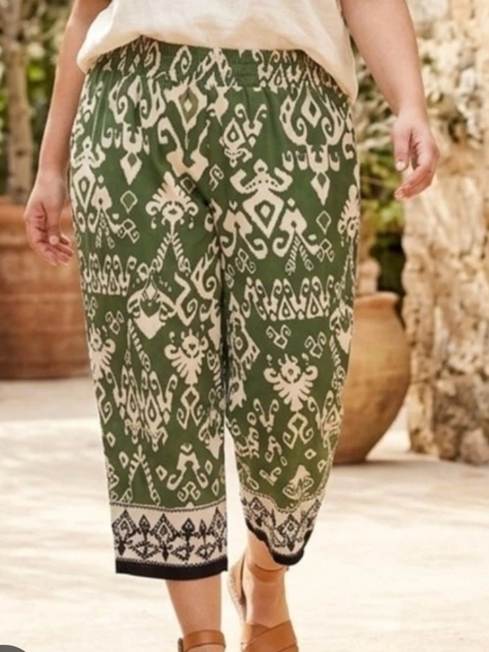 Haute Hippie Green & White Ikat Linen Crop Pull On Pant Size 3X Vacation